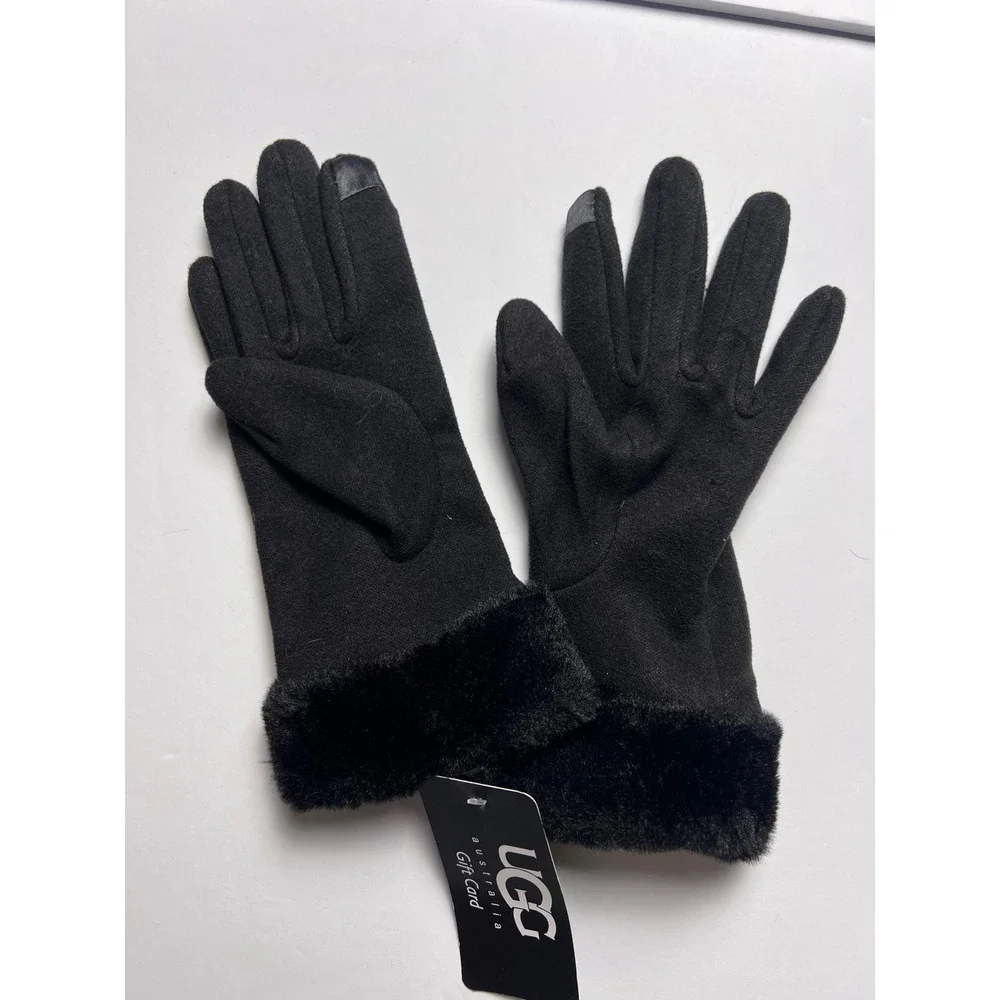 UGG Gloves Womens OS Black Faux Fur Trim Touchscreen Compatible Logo Winter